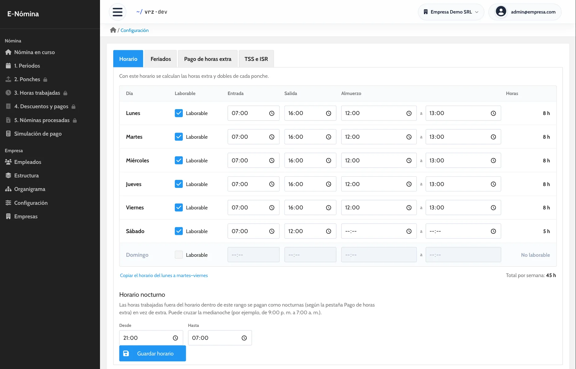 Horario y reglas de pago en E-Nómina